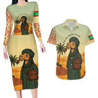 Mauritania Couples Matching Long Sleeve Bodycon Dress and Hawaiian Shirt with Sidi the Sahara Camel Cartoon and Desert Caravan Design