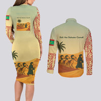 Mauritania Couples Matching Long Sleeve Bodycon Dress and Long Sleeve Button Shirt with Sidi the Sahara Camel Cartoon and Desert Caravan Design
