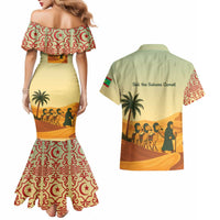 Mauritania Couples Matching Mermaid Dress and Hawaiian Shirt with Sidi the Sahara Camel Cartoon and Desert Caravan Design