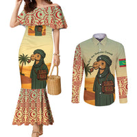 Mauritania Couples Matching Mermaid Dress and Long Sleeve Button Shirt with Sidi the Sahara Camel Cartoon and Desert Caravan Design