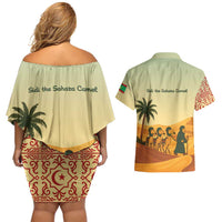 Mauritania Couples Matching Off Shoulder Short Dress and Hawaiian Shirt with Sidi the Sahara Camel Cartoon and Desert Caravan Design