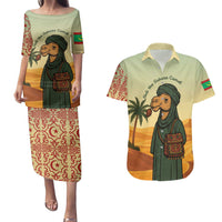 Mauritania Couples Matching Puletasi and Hawaiian Shirt with Sidi the Sahara Camel Cartoon and Desert Caravan Design