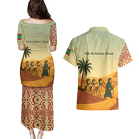 Mauritania Couples Matching Puletasi and Hawaiian Shirt with Sidi the Sahara Camel Cartoon and Desert Caravan Design