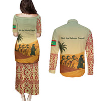Mauritania Couples Matching Puletasi and Long Sleeve Button Shirt with Sidi the Sahara Camel Cartoon and Desert Caravan Design