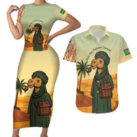 Mauritania Couples Matching Short Sleeve Bodycon Dress and Hawaiian Shirt with Sidi the Sahara Camel Cartoon and Desert Caravan Design
