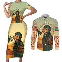 Mauritania Couples Matching Short Sleeve Bodycon Dress and Long Sleeve Button Shirt with Sidi the Sahara Camel Cartoon and Desert Caravan Design