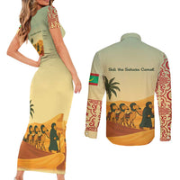 Mauritania Couples Matching Short Sleeve Bodycon Dress and Long Sleeve Button Shirt with Sidi the Sahara Camel Cartoon and Desert Caravan Design