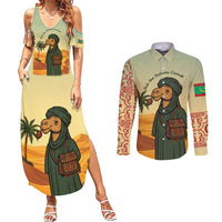 Mauritania Couples Matching Summer Maxi Dress and Long Sleeve Button Shirt with Sidi the Sahara Camel Cartoon and Desert Caravan Design