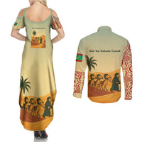 Mauritania Couples Matching Summer Maxi Dress and Long Sleeve Button Shirt with Sidi the Sahara Camel Cartoon and Desert Caravan Design