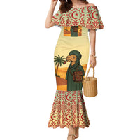 Mauritania Family Matching Mermaid Dress and Hawaiian Shirt with Sidi the Sahara Camel Cartoon and Desert Caravan Design