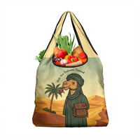 Mauritania Grocery Bag with Sidi the Sahara Camel Cartoon and Desert Caravan Design
