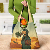 Mauritania Grocery Bag with Sidi the Sahara Camel Cartoon and Desert Caravan Design