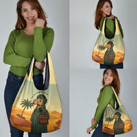 Mauritania Grocery Bag with Sidi the Sahara Camel Cartoon and Desert Caravan Design