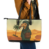 Mauritania Leather Tote Bag with Sidi the Sahara Camel Cartoon and Desert Caravan Design
