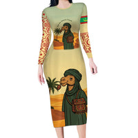 Mauritania Long Sleeve Bodycon Dress with Sidi the Sahara Camel Cartoon and Desert Caravan Design