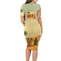 Mauritania Long Sleeve Bodycon Dress with Sidi the Sahara Camel Cartoon and Desert Caravan Design