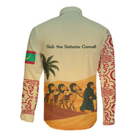 Mauritania Long Sleeve Button Shirt with Sidi the Sahara Camel Cartoon and Desert Caravan Design