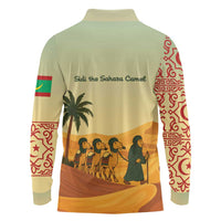 Mauritania Long Sleeve Polo Shirt with Sidi the Sahara Camel Cartoon and Desert Caravan Design