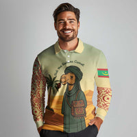 Mauritania Long Sleeve Polo Shirt with Sidi the Sahara Camel Cartoon and Desert Caravan Design