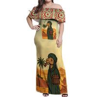 Mauritania Off Shoulder Maxi Dress with Sidi the Sahara Camel Cartoon and Desert Caravan Design