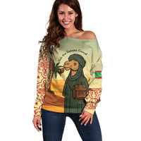 Mauritania Off Shoulder Sweater with Sidi the Sahara Camel Cartoon and Desert Caravan Design