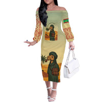Mauritania Off The Shoulder Long Sleeve Dress with Sidi the Sahara Camel Cartoon and Desert Caravan Design
