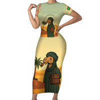 Mauritania Short Sleeve Bodycon Dress with Sidi the Sahara Camel Cartoon and Desert Caravan Design