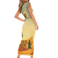 Mauritania Short Sleeve Bodycon Dress with Sidi the Sahara Camel Cartoon and Desert Caravan Design