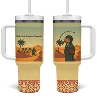 Mauritania Tumbler With Handle with Sidi the Sahara Camel Cartoon and Desert Caravan Design