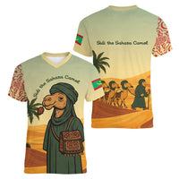 Mauritania Women V-Neck T-Shirt with Sidi the Sahara Camel Cartoon and Desert Caravan Design