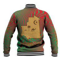 Mauritania Baseball Jacket with Desert Camel Crescent Moon and Palm Tree Graphic in Red Green Gold Pattern