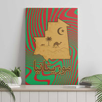 Mauritania Canvas Wall Art with Desert Camel Crescent Moon and Palm Tree Graphic in Red Green Gold Pattern