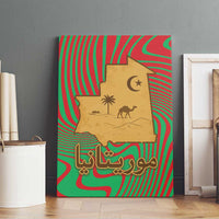 Mauritania Canvas Wall Art with Desert Camel Crescent Moon and Palm Tree Graphic in Red Green Gold Pattern