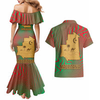 Mauritania Couples Matching Mermaid Dress and Hawaiian Shirt with Desert Camel Crescent Moon and Palm Tree Graphic in Red Green Gold Pattern