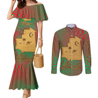 Mauritania Couples Matching Mermaid Dress and Long Sleeve Button Shirt with Desert Camel Crescent Moon and Palm Tree Graphic in Red Green Gold Pattern
