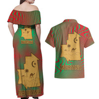 Mauritania Couples Matching Off Shoulder Maxi Dress and Hawaiian Shirt with Desert Camel Crescent Moon and Palm Tree Graphic in Red Green Gold Pattern