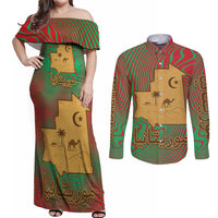 Mauritania Couples Matching Off Shoulder Maxi Dress and Long Sleeve Button Shirt with Desert Camel Crescent Moon and Palm Tree Graphic in Red Green Gold Pattern