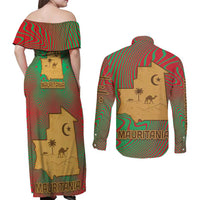 Mauritania Couples Matching Off Shoulder Maxi Dress and Long Sleeve Button Shirt with Desert Camel Crescent Moon and Palm Tree Graphic in Red Green Gold Pattern