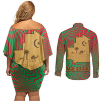 Mauritania Couples Matching Off Shoulder Short Dress and Long Sleeve Button Shirt with Desert Camel Crescent Moon and Palm Tree Graphic in Red Green Gold Pattern