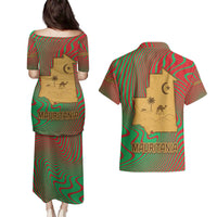 Mauritania Couples Matching Puletasi and Hawaiian Shirt with Desert Camel Crescent Moon and Palm Tree Graphic in Red Green Gold Pattern