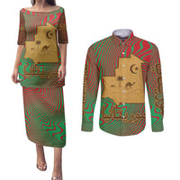 Mauritania Couples Matching Puletasi and Long Sleeve Button Shirt with Desert Camel Crescent Moon and Palm Tree Graphic in Red Green Gold Pattern