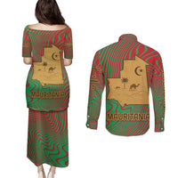 Mauritania Couples Matching Puletasi and Long Sleeve Button Shirt with Desert Camel Crescent Moon and Palm Tree Graphic in Red Green Gold Pattern