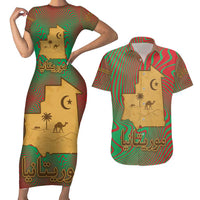 Mauritania Couples Matching Short Sleeve Bodycon Dress and Hawaiian Shirt with Desert Camel Crescent Moon and Palm Tree Graphic in Red Green Gold Pattern