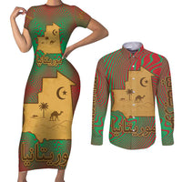 Mauritania Couples Matching Short Sleeve Bodycon Dress and Long Sleeve Button Shirt with Desert Camel Crescent Moon and Palm Tree Graphic in Red Green Gold Pattern