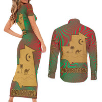 Mauritania Couples Matching Short Sleeve Bodycon Dress and Long Sleeve Button Shirt with Desert Camel Crescent Moon and Palm Tree Graphic in Red Green Gold Pattern