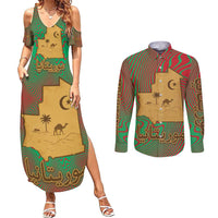 Mauritania Couples Matching Summer Maxi Dress and Long Sleeve Button Shirt with Desert Camel Crescent Moon and Palm Tree Graphic in Red Green Gold Pattern