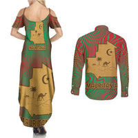 Mauritania Couples Matching Summer Maxi Dress and Long Sleeve Button Shirt with Desert Camel Crescent Moon and Palm Tree Graphic in Red Green Gold Pattern
