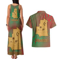 Mauritania Couples Matching Tank Maxi Dress and Hawaiian Shirt with Desert Camel Crescent Moon and Palm Tree Graphic in Red Green Gold Pattern