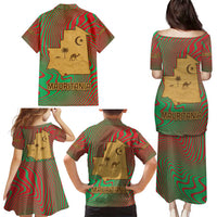 Mauritania Family Matching Puletasi and Hawaiian Shirt with Desert Camel Crescent Moon and Palm Tree Graphic in Red Green Gold Pattern