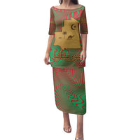 Mauritania Family Matching Puletasi and Hawaiian Shirt with Desert Camel Crescent Moon and Palm Tree Graphic in Red Green Gold Pattern